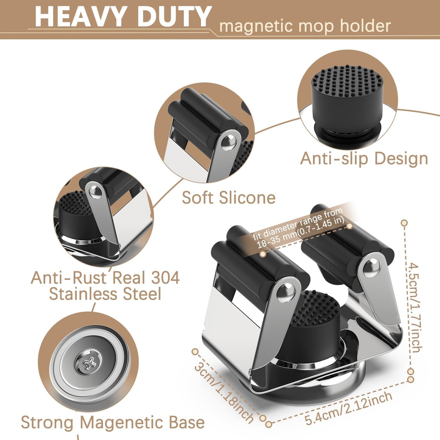 3-H Magnetic Broom Holder - 304 Stainless Steel Wall Mount Tool Organizer with Mini Hooks | Silver