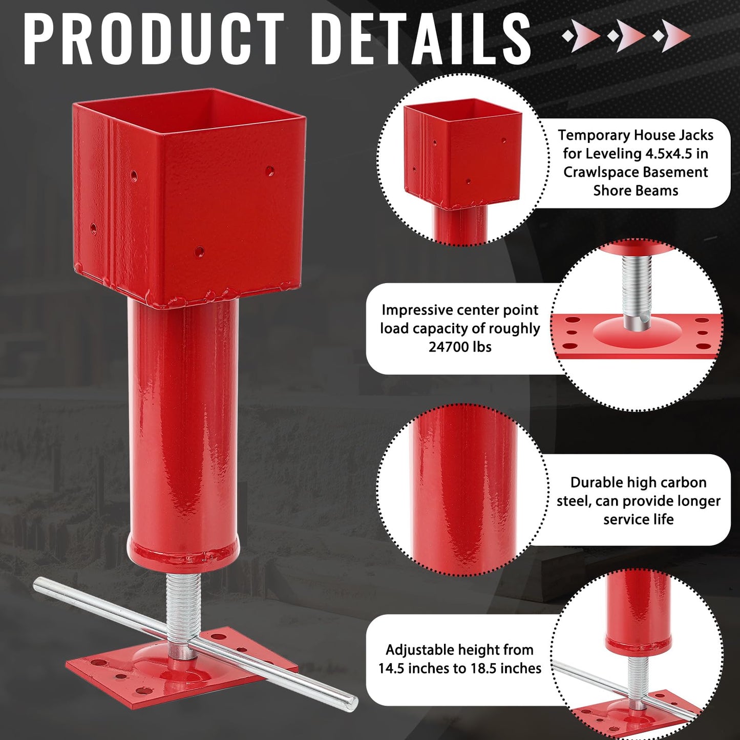 Lasnten 4 Pcs 4.5" X 4.5" Screw Jack Post 14.5" - 18.5" Height Range 24700 lbs Load Capacity Adjustable Temporary House Jacks for Leveling Flooring Basement Shore Beams Foundation Repair (Red)