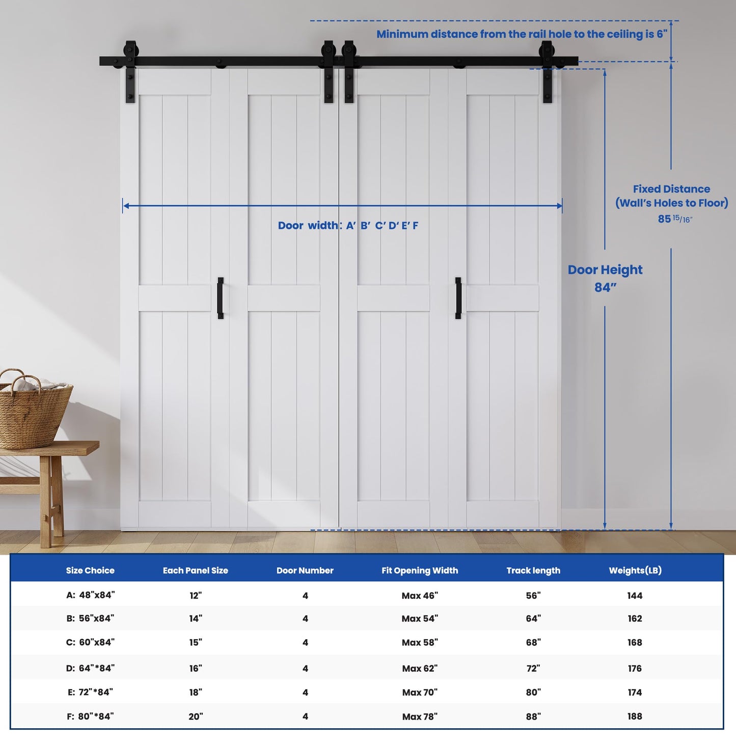 Bifold Barn Door 48" x 84", MDF Bi-Fold Sliding Closet Doors with Hardware Kit Included, Pre-Finished Easy Assembly, Water-Proof PVC Surface & Save Space, H-Frame, 56" Track for 4 Doors,White