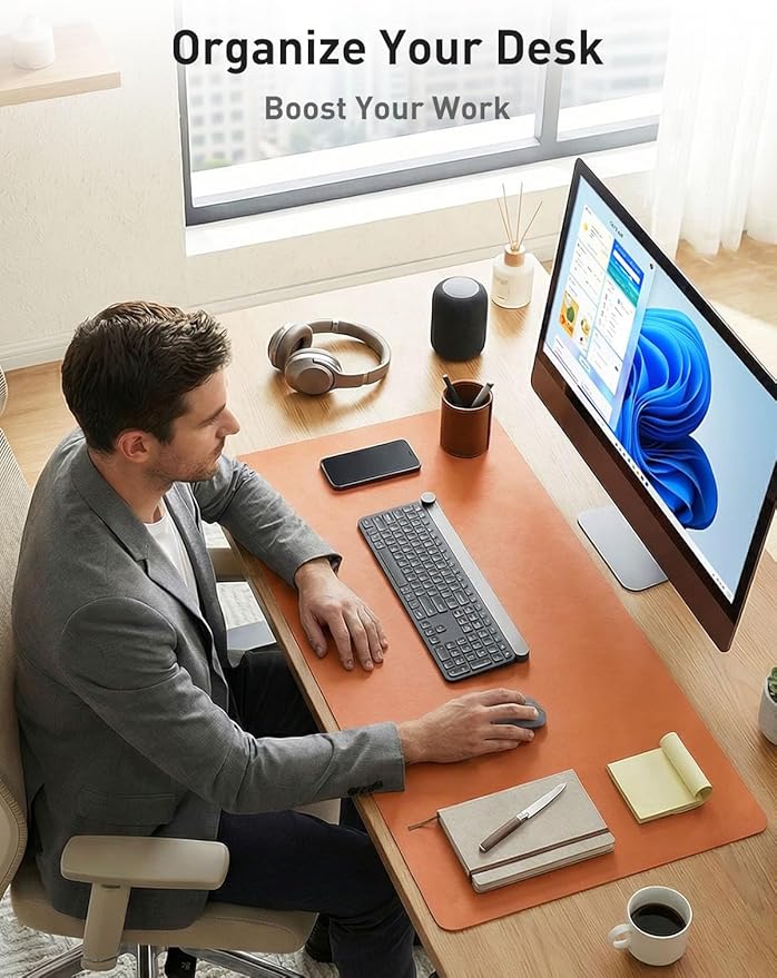 Aothia Faux Leather Desk Mat - Large Mouse Pad, Non-Slip PU Leather Blotter, Waterproof Writing Surface for Office and Home (Hermes Orange, 55" x 17")