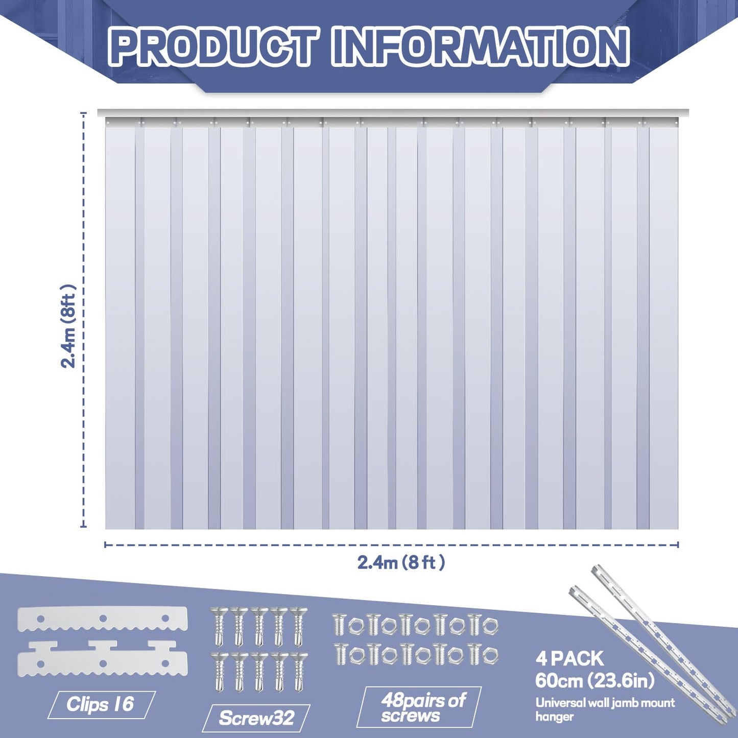 Juexica 96 x 96 Inch PVC Strip Door Curtain Kit, Heavy Duty Waterproof Clear Door Curtain for Walk-in Cooler, Freezer, Warehouse & Garage, Hurricane Shutters, Energy Saving and Easy Install(Clear)