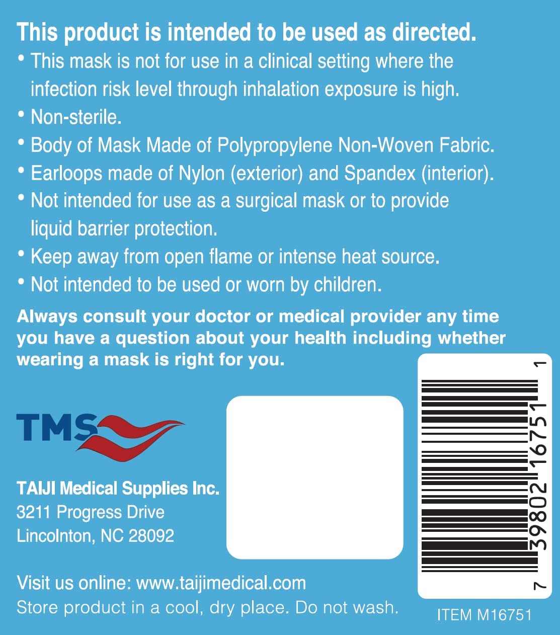 TAIJI Medical Supplies TMS Consumer Series 3-Layer Face Mask by US98, Made in USA F3502 LV2 96% Filtration, Soft, Hypoallergenic and Highly Breathable, Premium Latex-free, Single-Use, 50-Count Box.