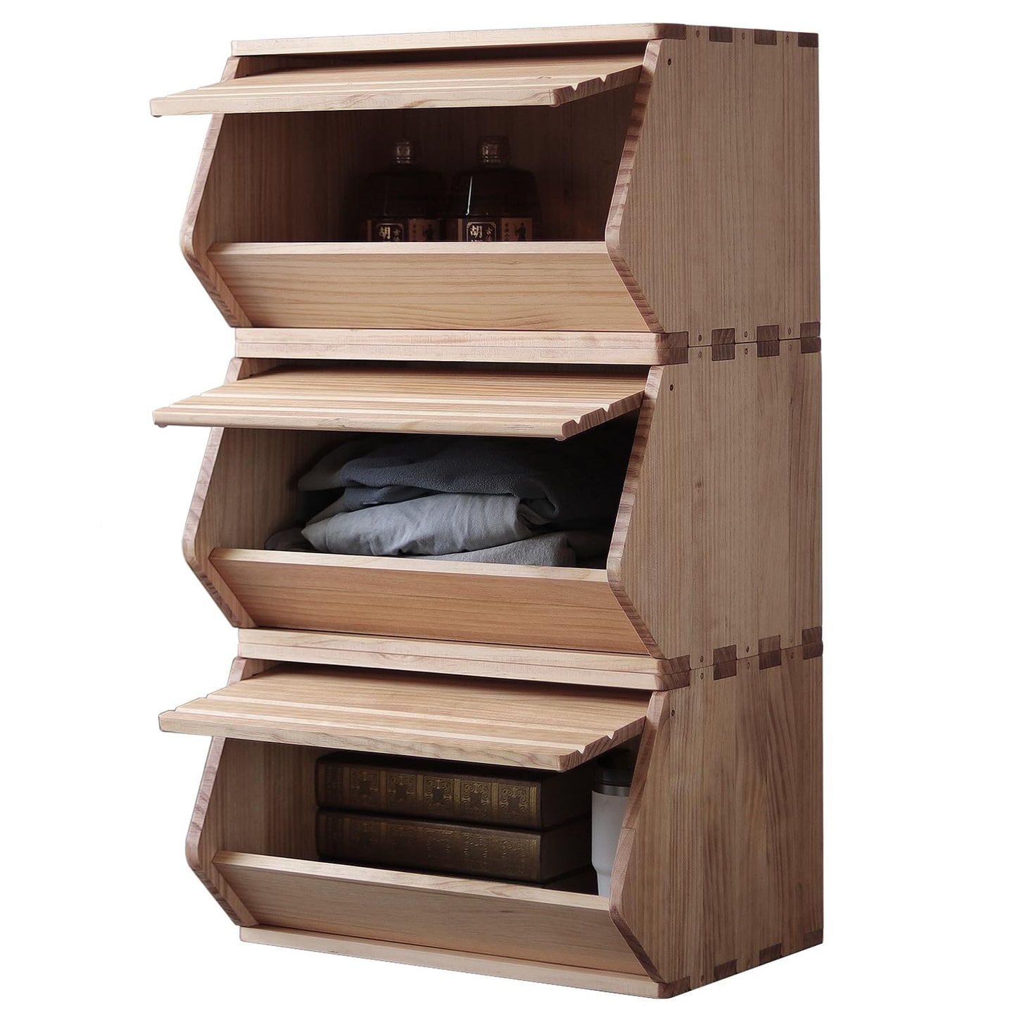unununu Stackable Solid Wood Storage Chests,Hall Entryway Cabinet,Modular Wooden Multi-use Box,Bins with Lids,Closet Storage Organizers,Drawers,Potato,Onion,Bread,Classify by Items,19.5”W(3 Pack)