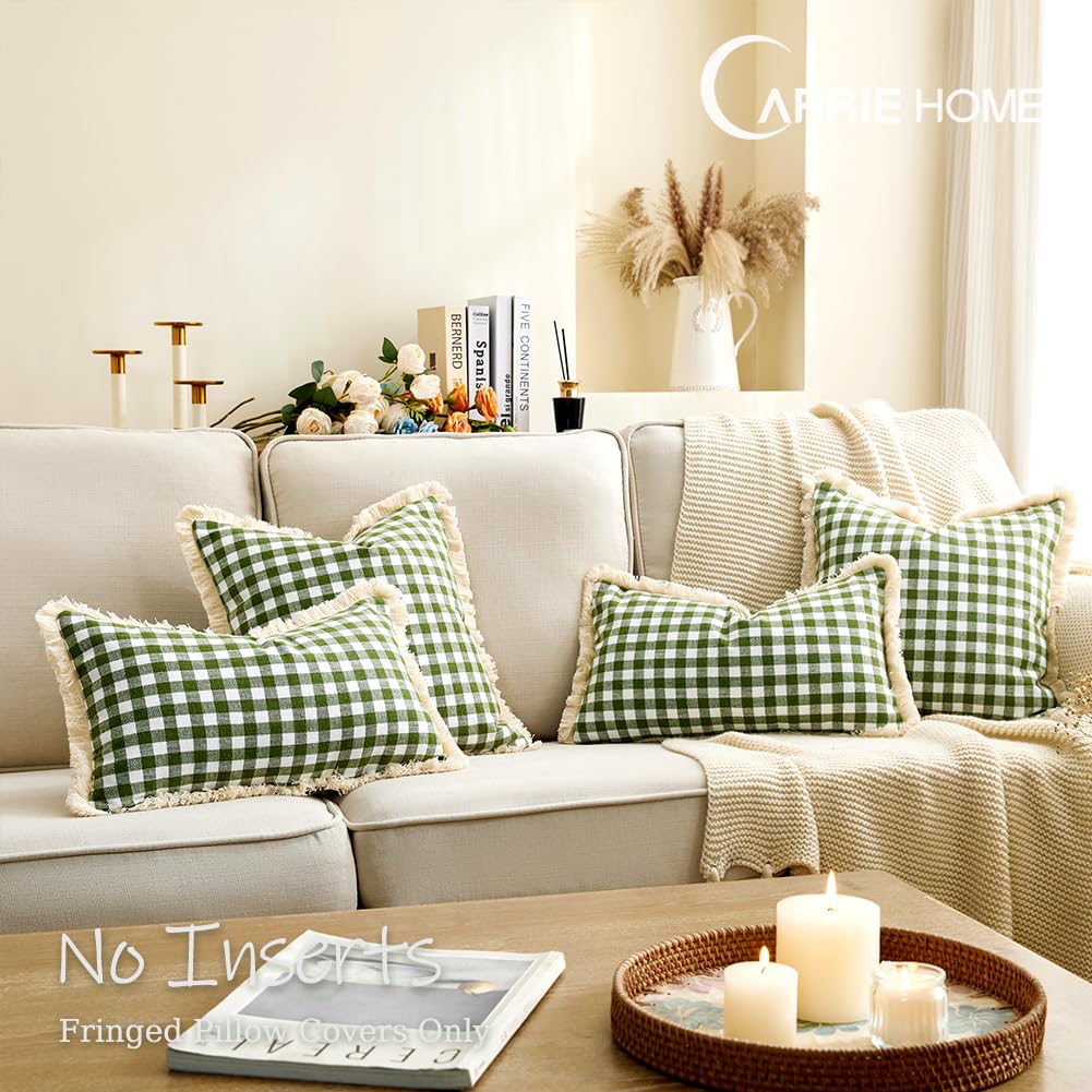 18x18 Spring Sage Green Gingham Farmhouse Pillow Covers with Ruffle Trim