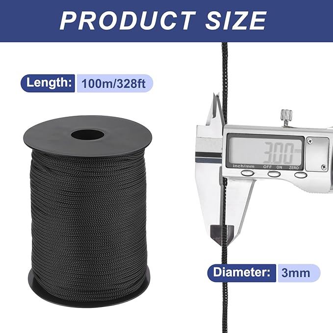 MECCANIXITY 1/8 Inch Polypropylene Rope Braided Ropes, 328ft Nylon Rope Hollow Utility Cord for Clothesline, Camping, Hiking, Outdoor, Black