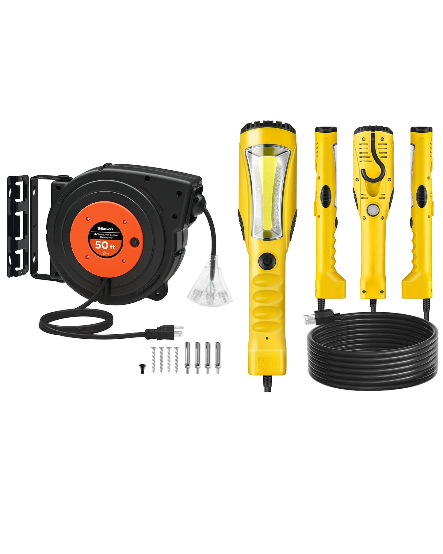 WILAWELS 50 FT 14AWG/3C SJTOW Retractable Extension Cord Reel and 18W 2000LM 25FT LED Work Light Bundle, for Garage, Workshop, Car Repair Scene B50CR06- Y04WL06