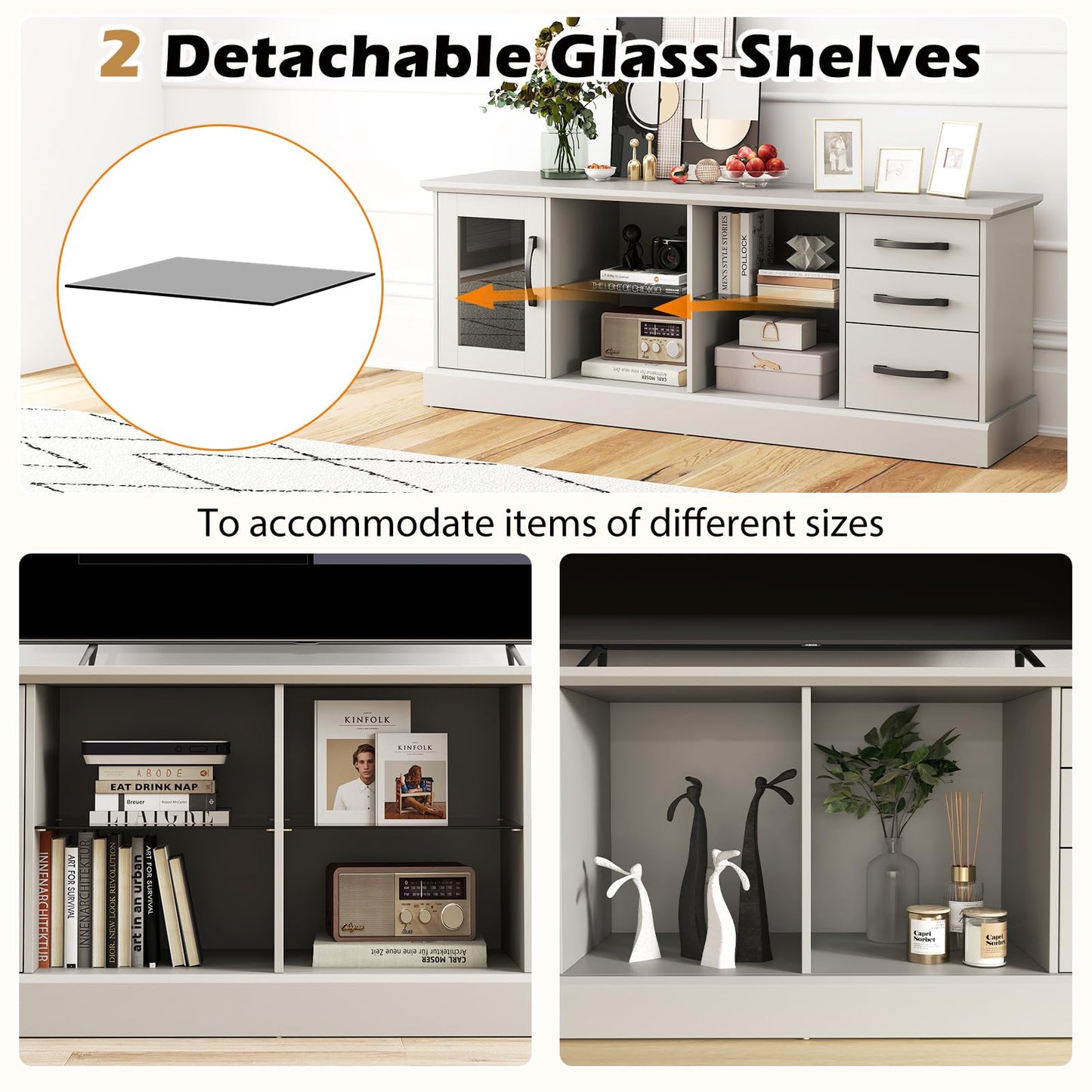 Giantex Farmhouse TV Stand for 73 Inch TV, Wood TV Console Table w/Removable Glass Shelves, Cable Management Holes & Drawers, Rustic Entertainment Center with Storage for Living Room, Bedroom, Grey