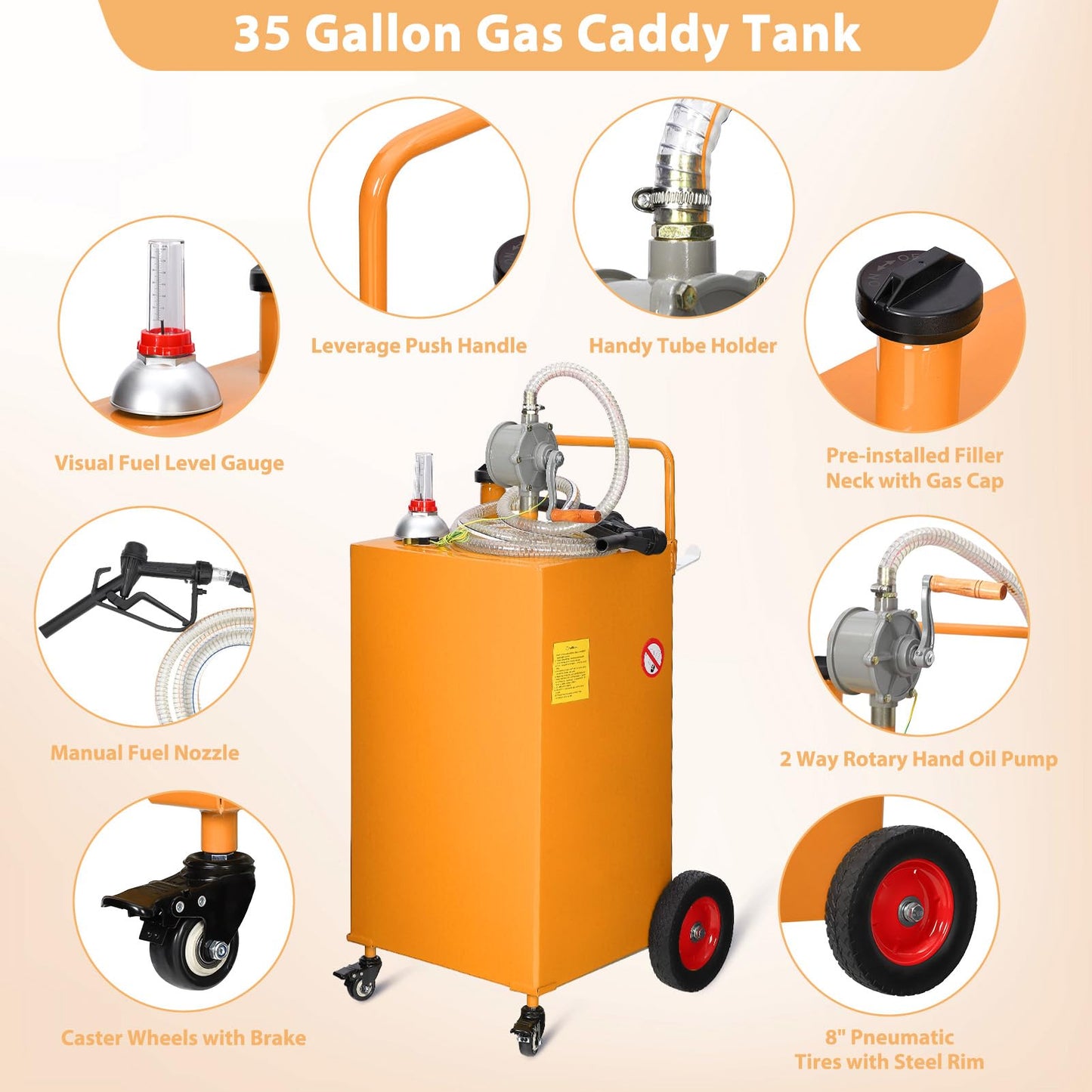35 Gallon Portable Fuel Caddy with Manual Pump, Heavy Duty Mobile Fuel Transfer Tank On 4 Wheels, Gasoline & Diesel Storage Container for Trucks, Boats, ATVs, Lawn Mowers, Farm Equipment - Orange