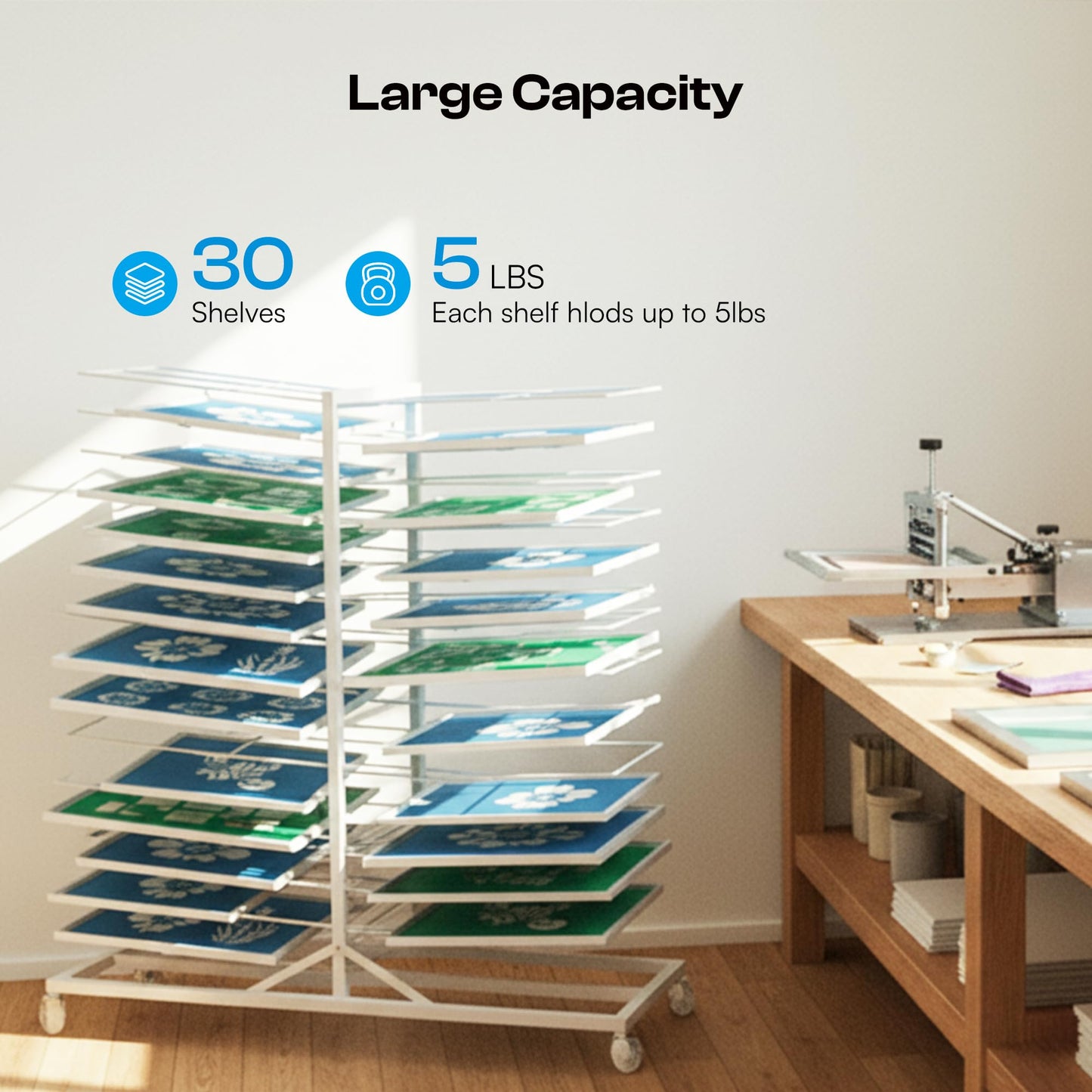 Caydo 30 Shelves Art Drying Rack, Easy Assembly Rolling Art Rack with Adjustable Shelves, Art Storage Solution for Screen Printing Frame, Lino Plates and Cabinet Doors