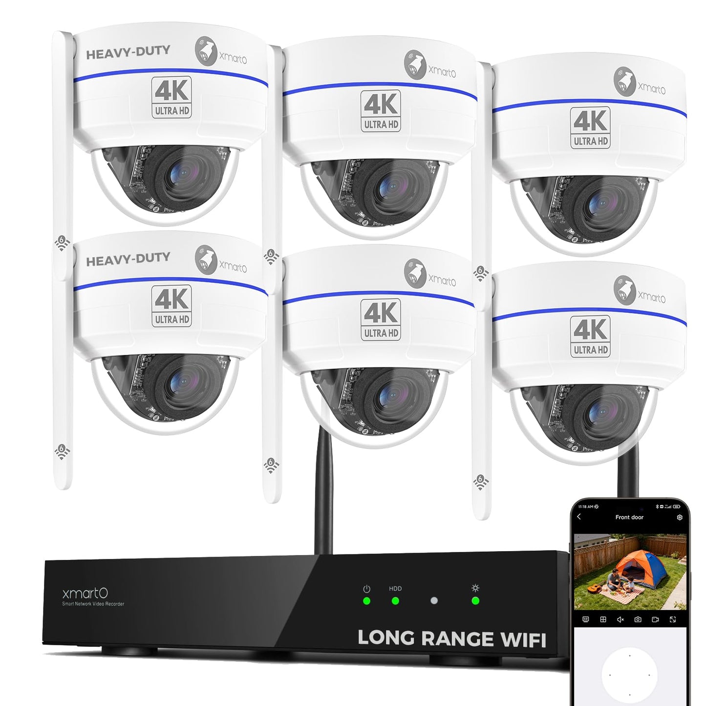 xmartO 4K 8MP Heavy-Duty WiFi 6 Security Camera System Bundle, 10-Channel NVR & 6 Heavy-Duty 8MP Plug-in AI PTZ Wireless Cameras, 2-Way Audio, IP66 Weatherproof, Long Range WiFi6, 0 Monthly Fee