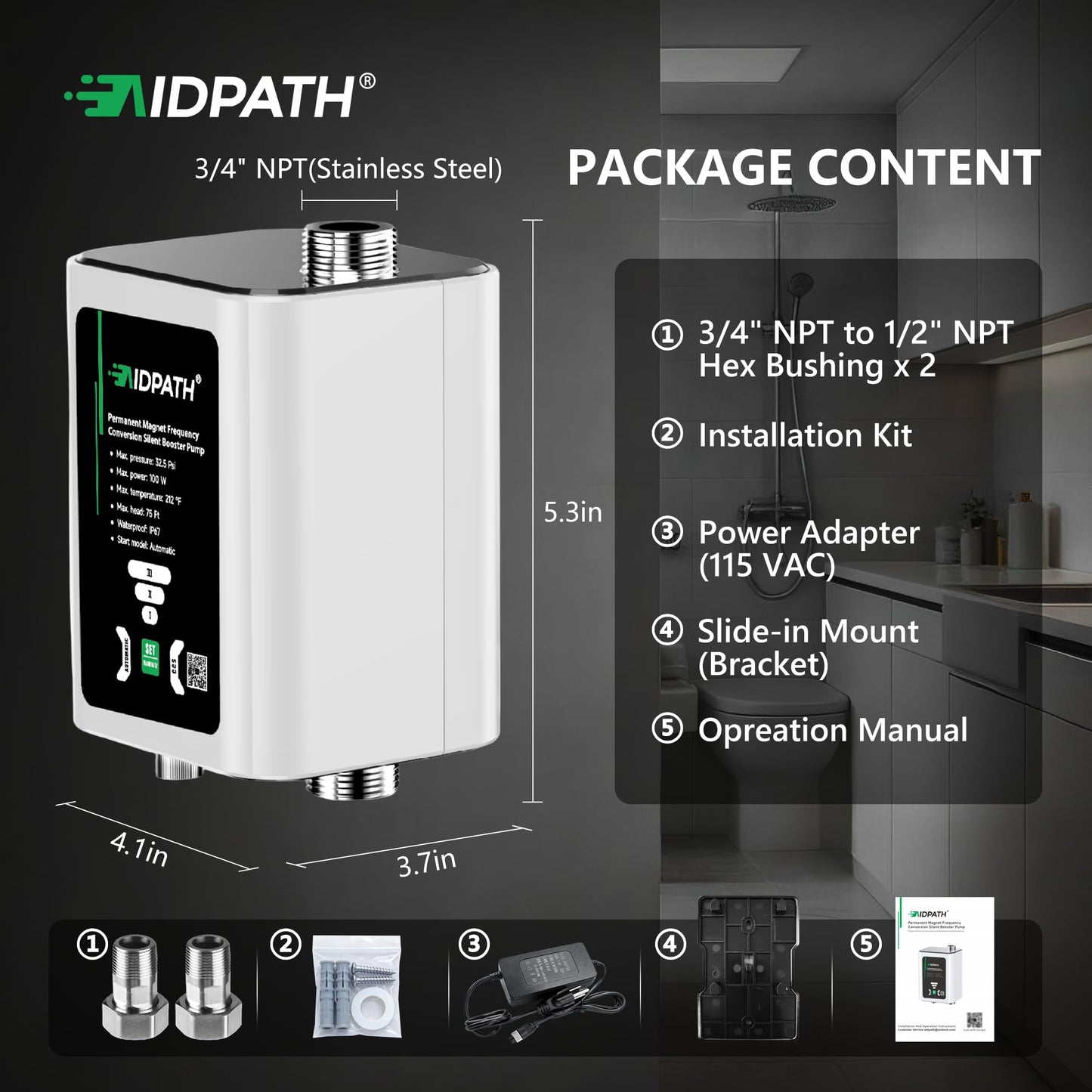 AIDPATH Water Pressure Booster Pump 32PSI, 115V Automatic Variable Speed, CCS Low-Flow Auto Start, Point-of-Use Boosting for Sinks & Showers, 3/4"NPT Inlet & Outlet×1/2"NPT Adapter