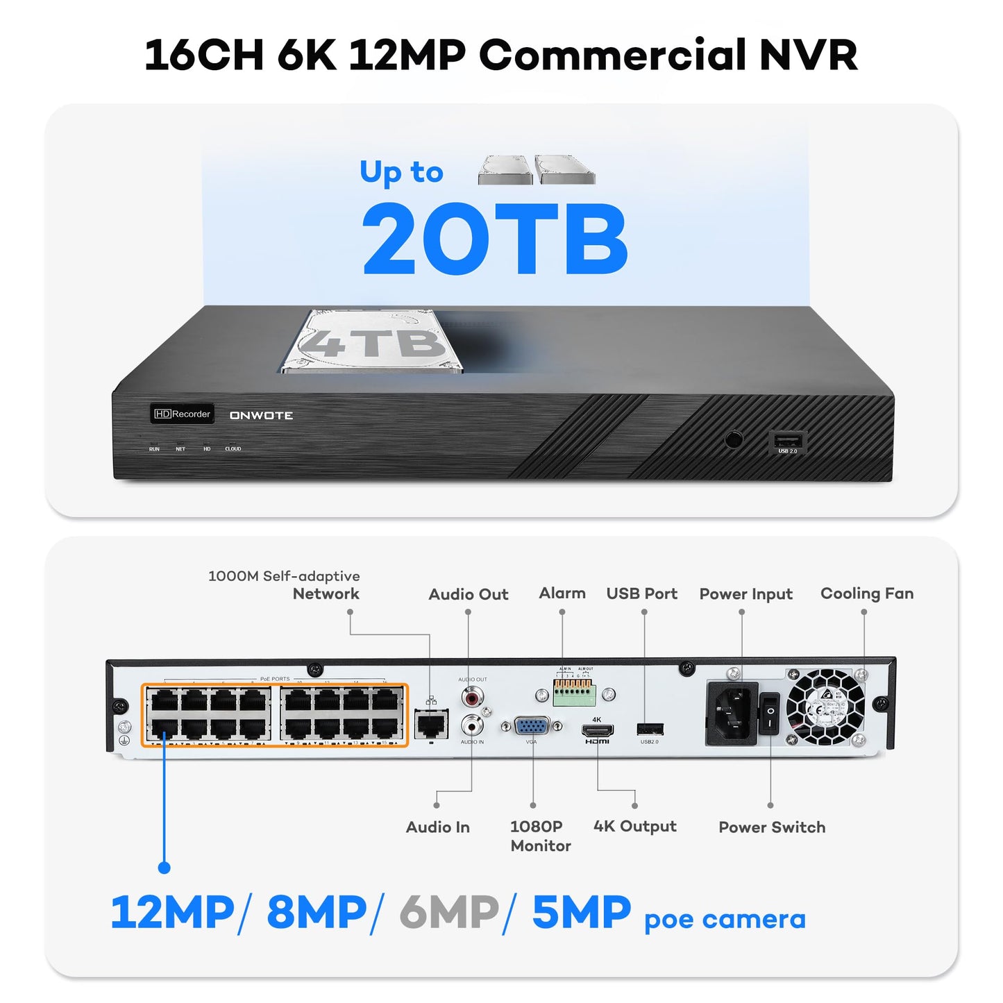 ONWOTE 16 Channel 6K 12MP NVR PoE Security Camera System, 12x 6MP 122° Audio IP Cameras AI Detect Human Vehicle, 16CH Business Commercial NVR 4TB, 16CH Synchro Playback, 12x Cables (Total 960ft)