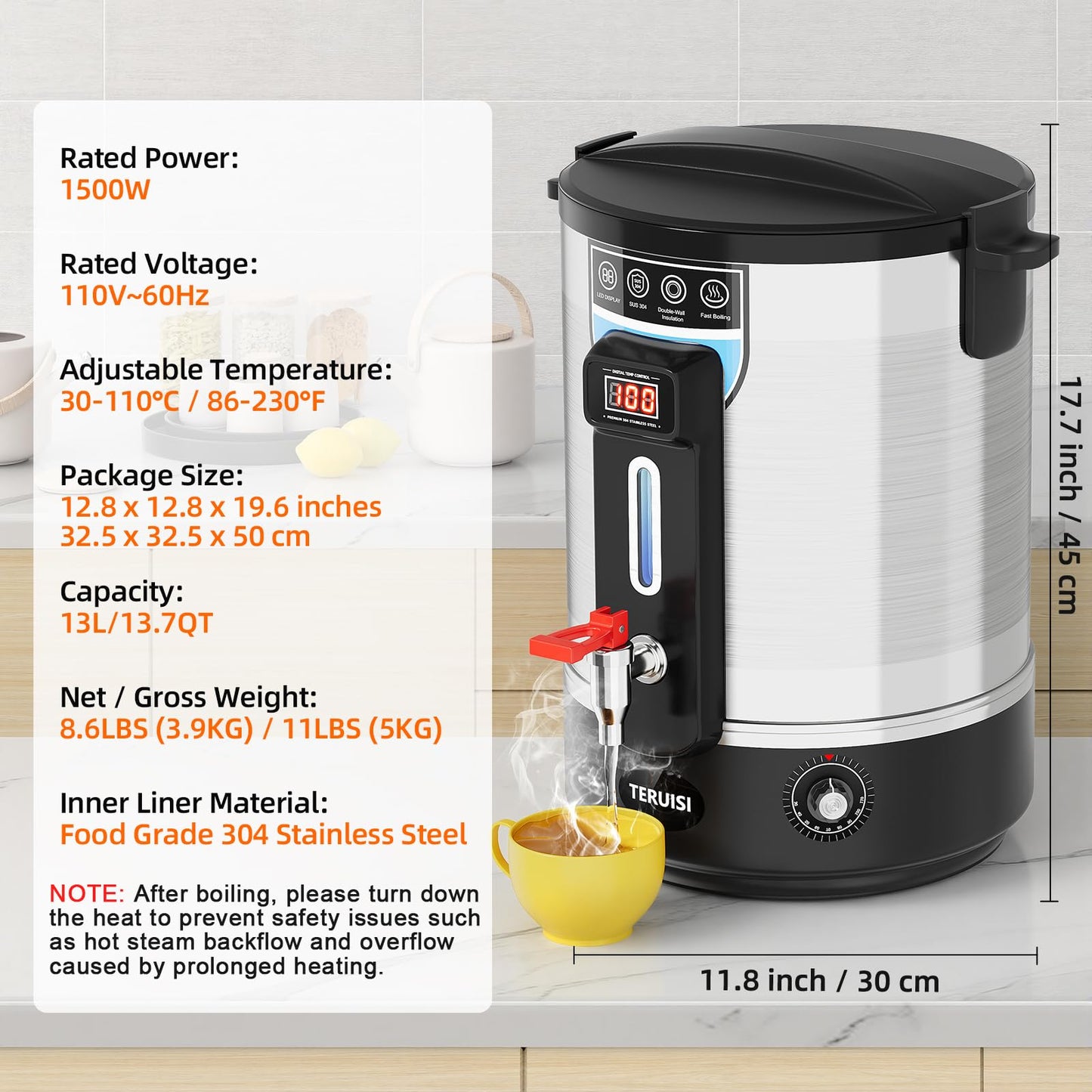 TERUISI Electric Water Boiler, 13L/13.7QT Commercial Hot Water Dispenser, 1500W Hot Water Boiler Urn Beverage Dispenser with Stainless Steel Spigot, Doubled-Wall Insulation, Adjustable Temperature