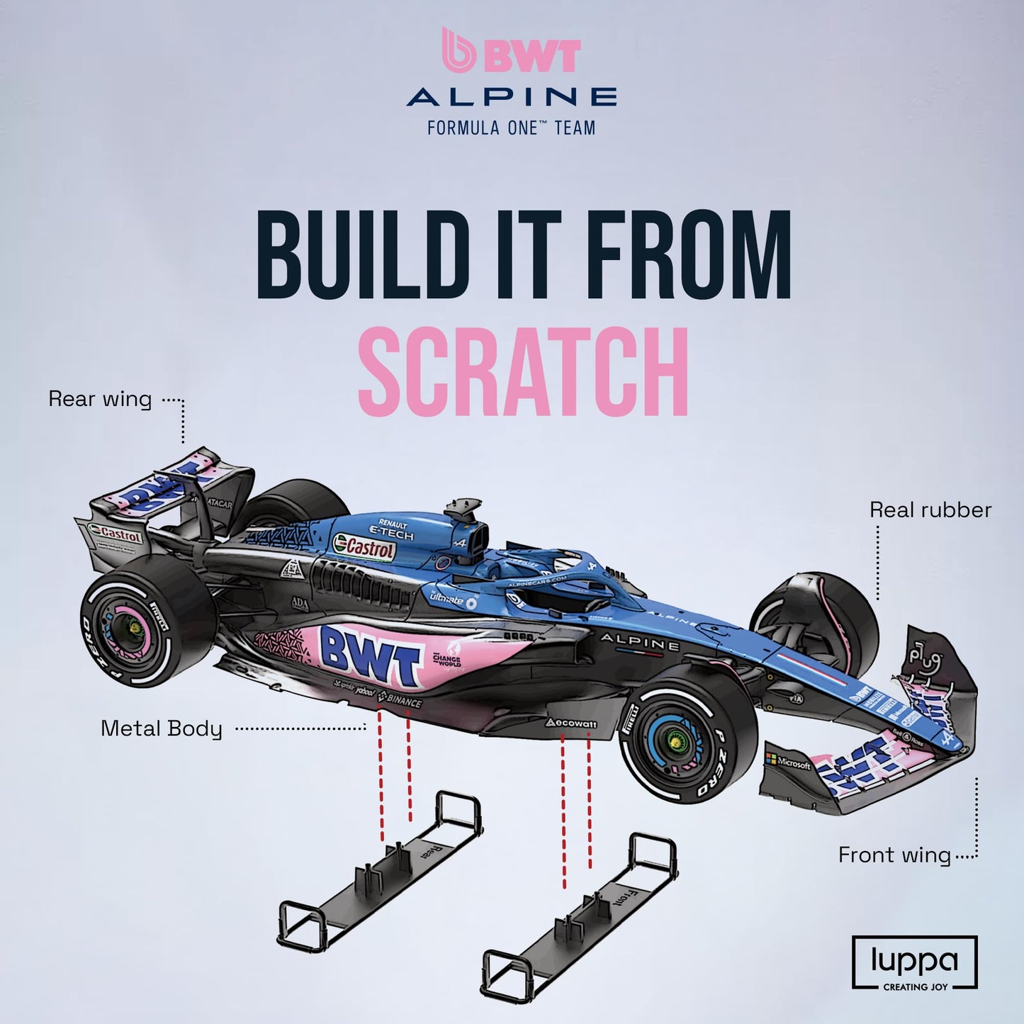 LUPPA Formula 1 ALP A523 Model kit - 1:18 Scale Racing F1 ALP A523 Model Inspired by Pierre Gasly & Esteban Ocon l Building kit, Collectible diecast, 140 Pieces