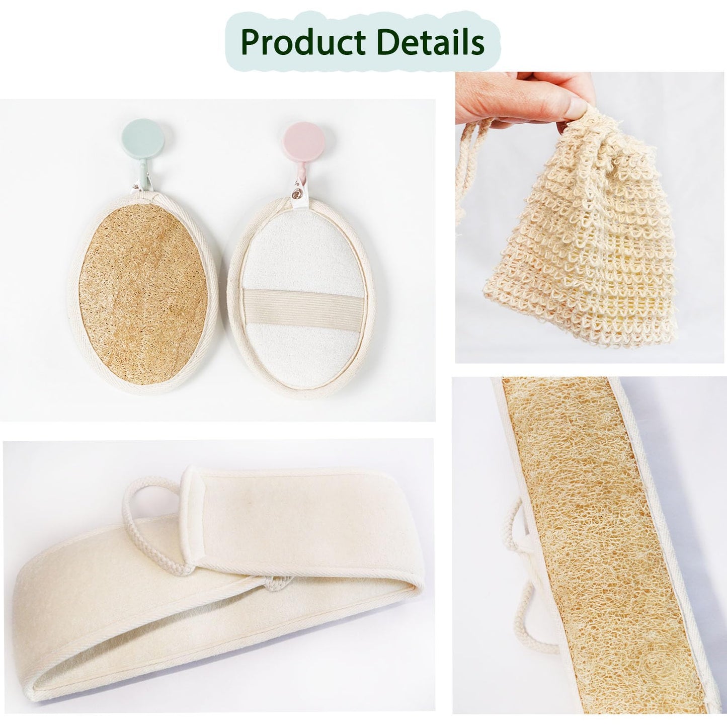 JouiiSiYa Natural Loofah Back Scrubber for Shower for Men and Women, Exfoliating Loofah Sponge with Soap Saver (2Pads+1Bag)