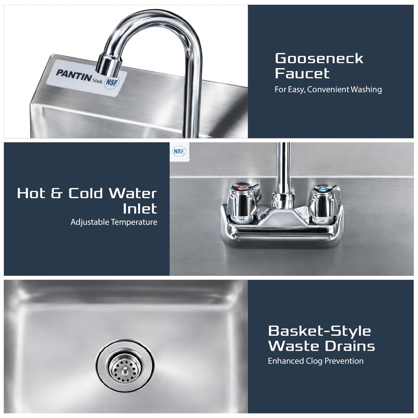 Pantin Commercial Hand Sink, NSF Commercial Stainless Steel Wall Mount Hand Washing Sink with Gooseneck Faucet for Restaurant, Kitchens, Bar, Home, 17"x 15", TP-8000A