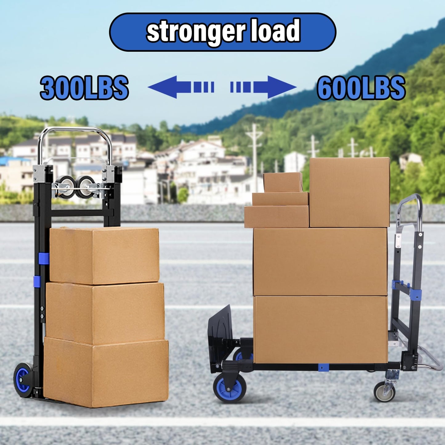 Upgraded 3 in 1 Folding Hand Truck, 600lbs Capacity, Heavy Duty Convertible Dolly with Retractable Handle and 4 Rubber Wheels, Collapsible Cart for Moving Home, Office, Warehouse (Blue)