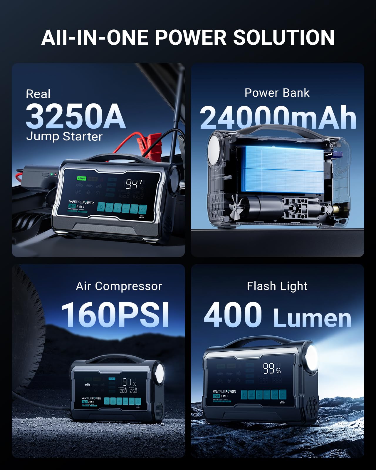 VANTRUE POWER JS3 Real 3250A Jump Starter with Air Compressor 160PSI, 12V Car Battery Booster with Display, Jump Box with Light, Support 65W Fast Charging Power Bank, 8.0L Gas/3.8L Diesel Engines