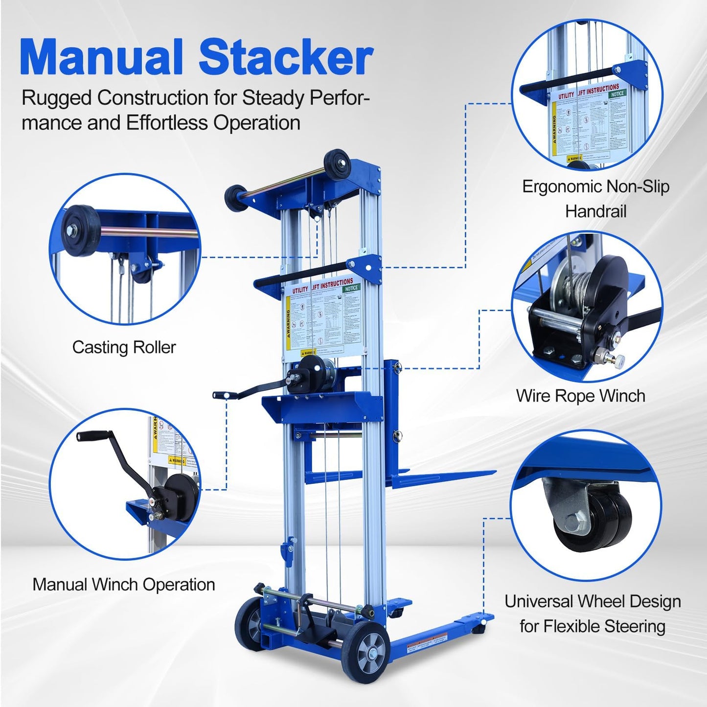 ELOMBR 122" 400lbs Material Lift Winch Stacker, Hand Winch Lift Truck with Fixed-Leg, Manual Material Lifter Pallet Stacker for Contractor, Workshop, Industrial, 34.60"L x 24.80"W