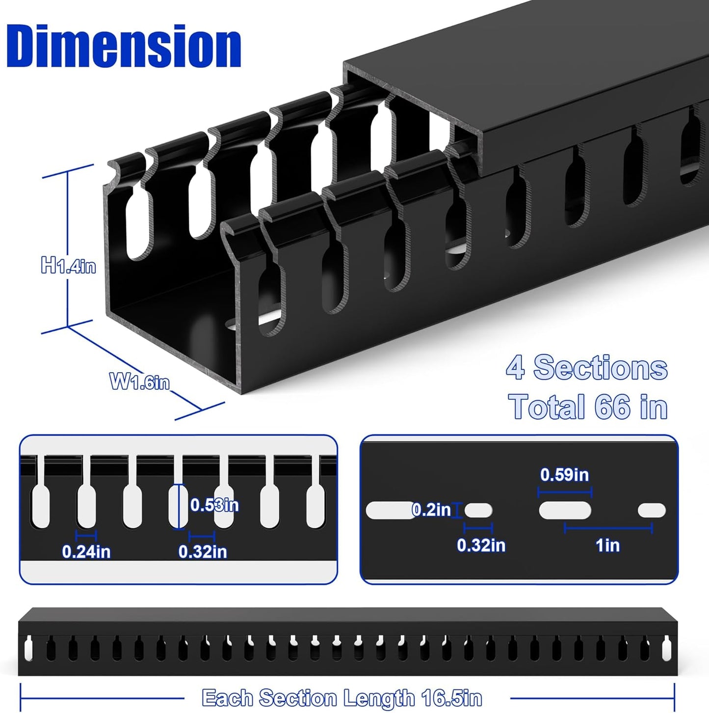 ZhiYo H1.4 W1.6in 66in (4X L16.5in) Professional Server Rack Cable Management Raceway, Cable Raceway Kit, Electrically
