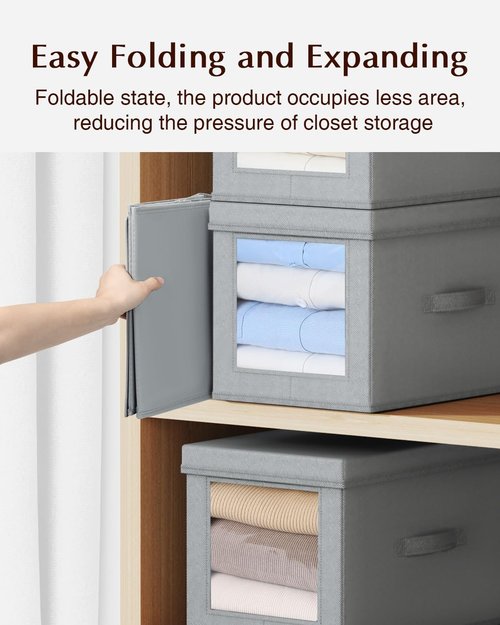 Homsorout Collapsible Storage Bins - Foldable Decorative Boxes with Lids & Side Window | 15-Inch Grey Organizer Bins (5 Pack)