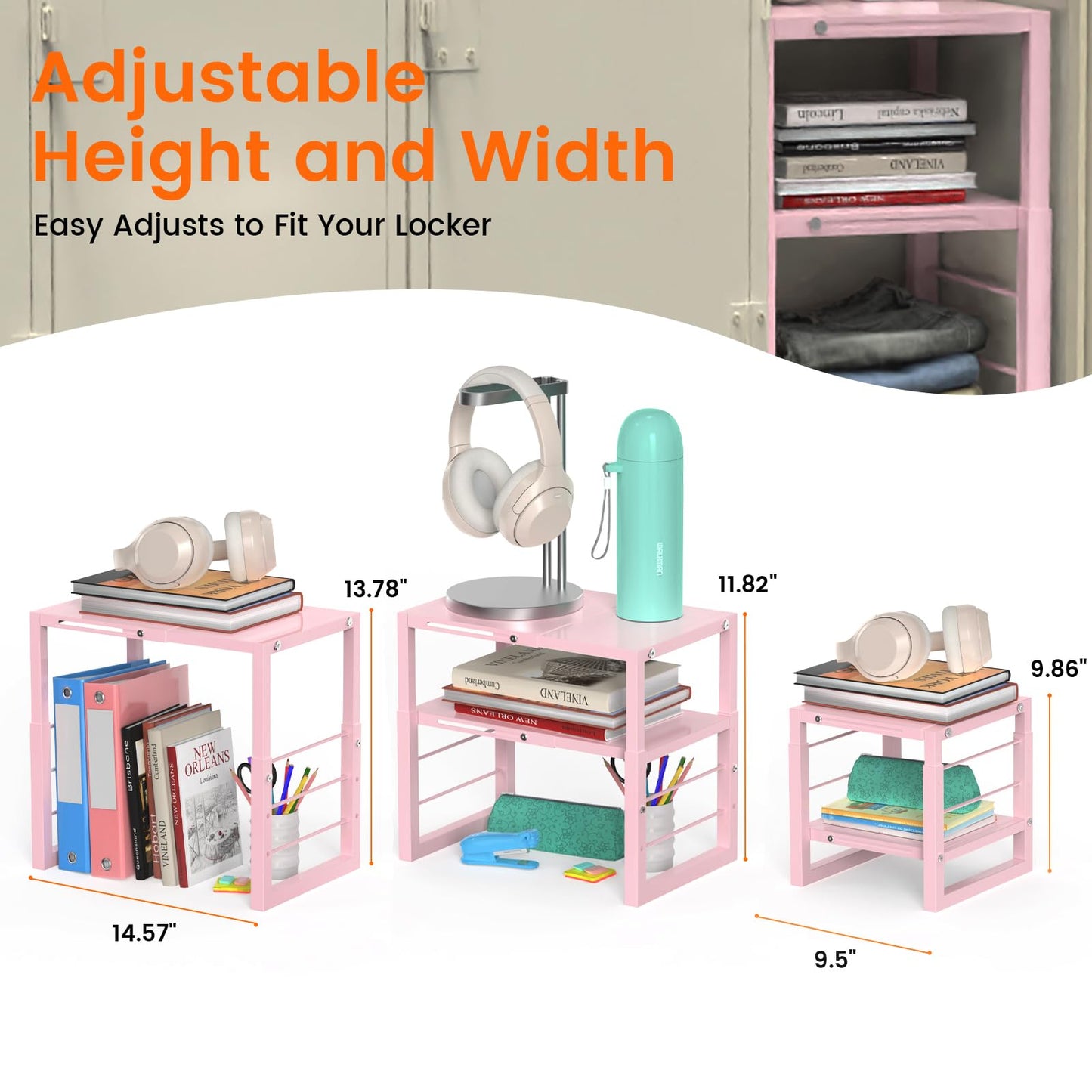 LIDTOP Locker Organizer Shelf Pink, Adjustable Width and Height, Stackable Metal Locker Storage Organization, Ideal Locker Fits Standard Size School, Office, and Gym Lockers