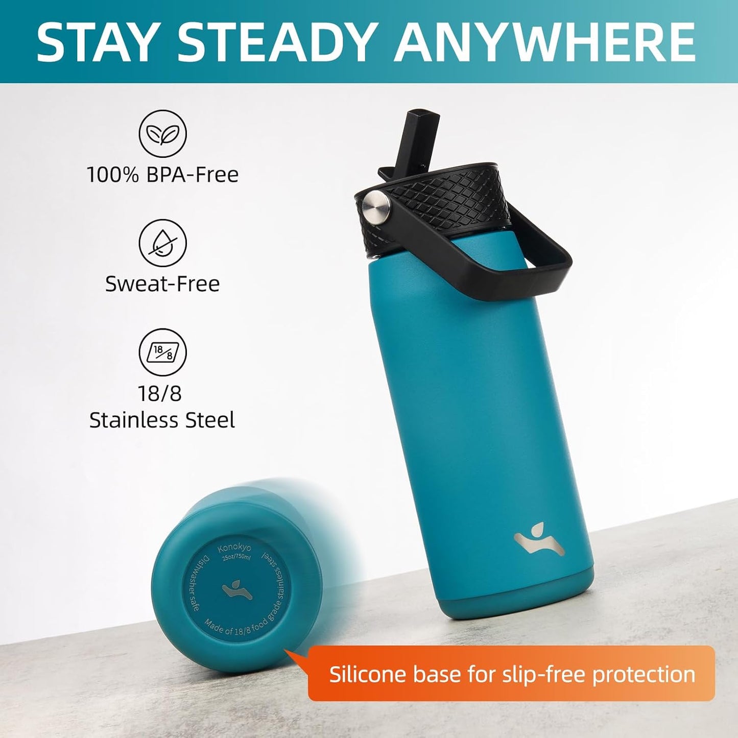 Skiennix 25oz Insulated Stainless Steel Water Bottle - Leakproof BPA-Free with 3 Lids for Gym & Travel | Black