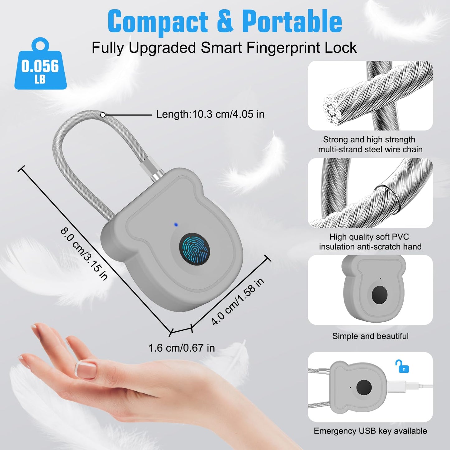 Larimuer Smart Fingerprint Padlock for Luggage - 20 User Capacity, USB Key & Emergency Code, Keyless Biometric Lock for Gym Locker, Suitcase, Backpack, Toolbox & Handbag (Grey)