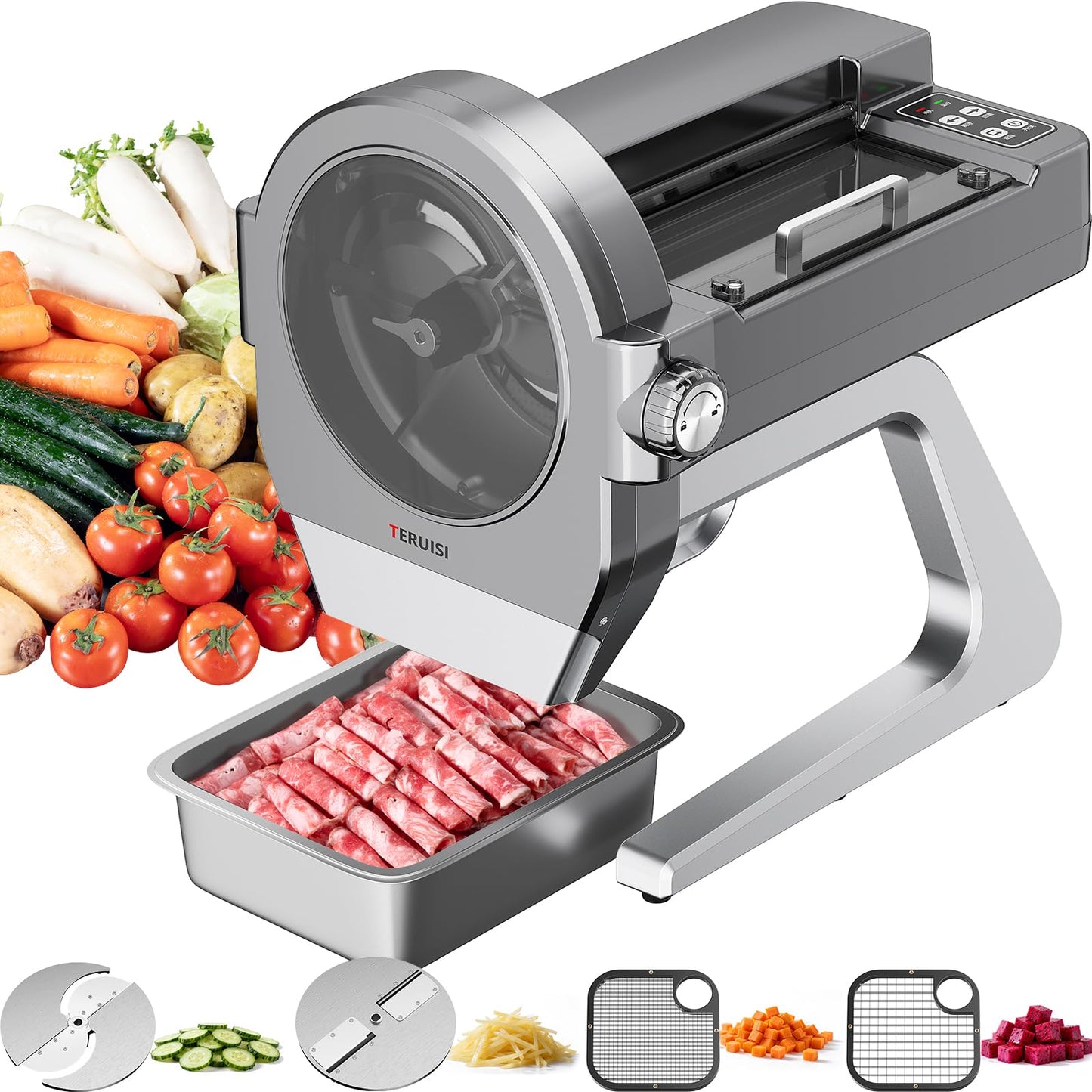 TERUISI Commercial Vegetable Chopper, 300W Auto Feed Stainless Steel Vegetable and Meat Slicer, 4-In-1 Food Cutter Machine with 1-10mm Slicing, 3mm Shredding & 2 Dicing Sizes, 440LBS/H Output, 110V