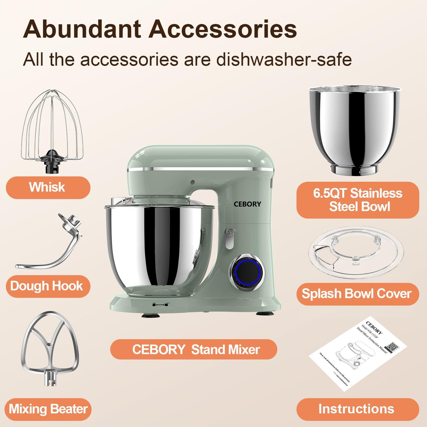 CEBORY 3-IN-1 Electric Stand Mixer, 6.5QT Bowl 660W 10-Speed Kitchen Mixer, Household Food Mixers include Dough Hook, Beater and Whisk, Bread Cake Mixer for Baking and Most Home Cooks, Green