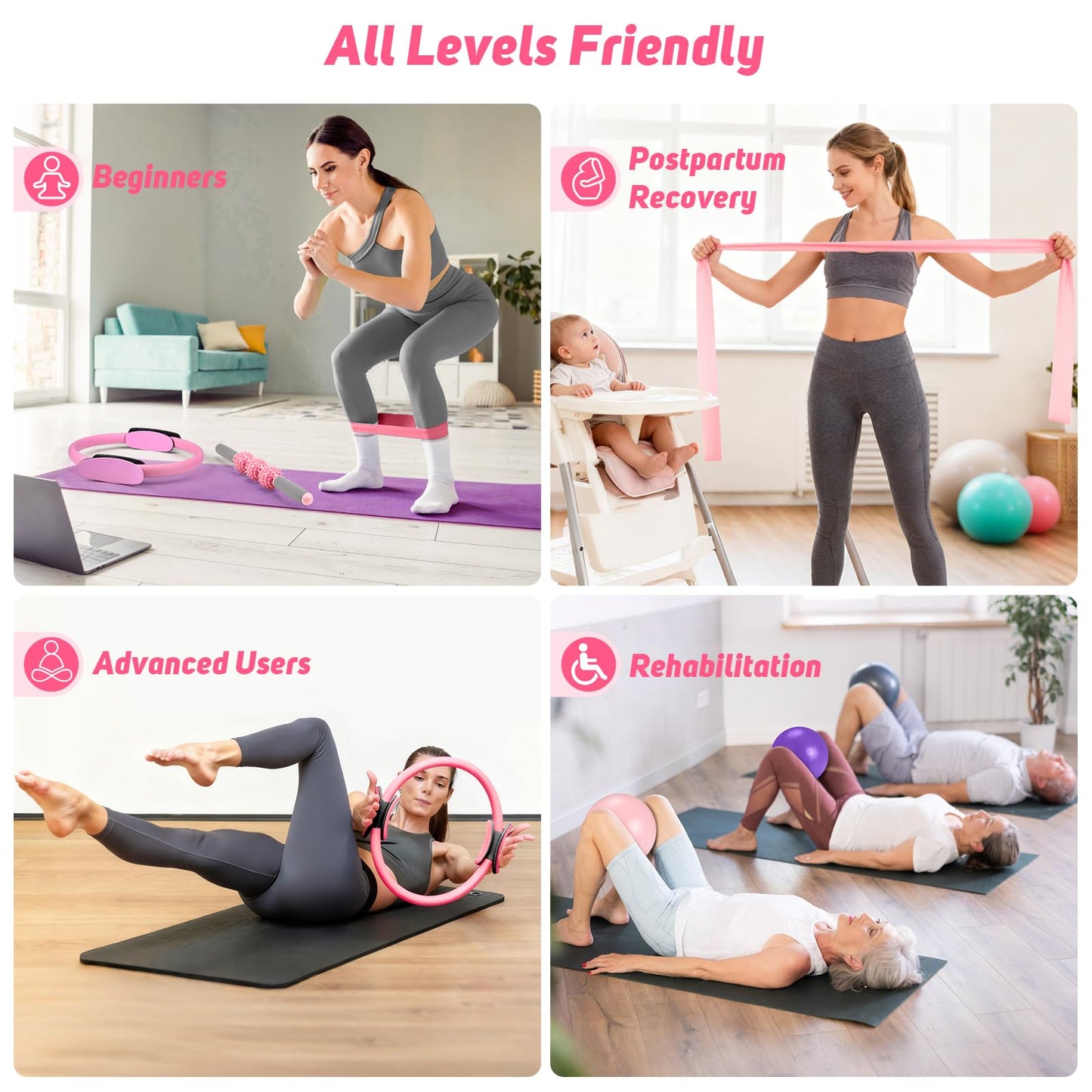 Home Pilates Kit for Women: Pilates Equipment Pilates Ring and Ball Set with Resistance Bands, Core Slider, Foam Roller, Pilates Essentials Kit for Beginner Home Workout, Compact Toning Fitness, Pink