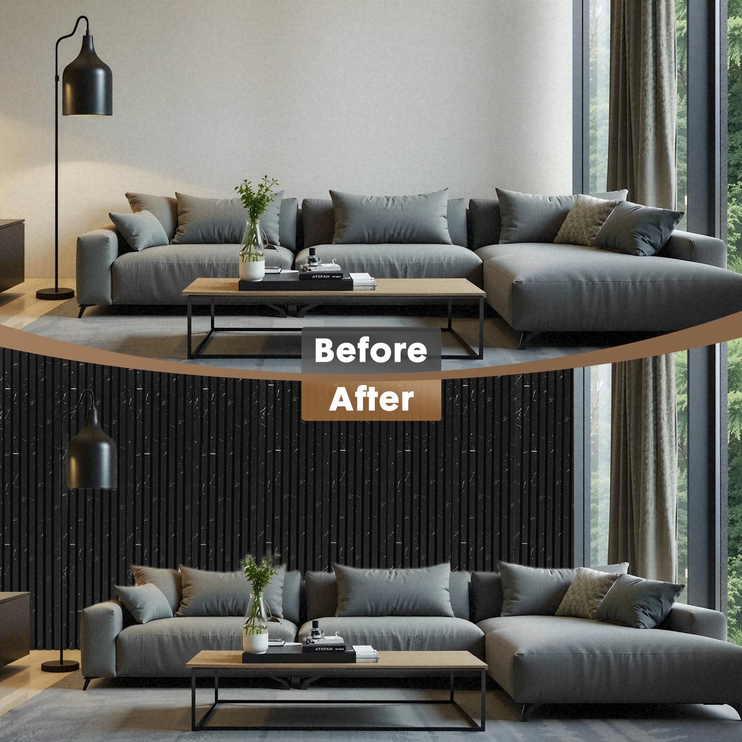 Wood Wall Panels for Interior Wall Decor, 2 Pack 94.5"x12.6"(16.5ft²) Wood Slat Acoustic Panels, Soundproof Panels for Noise Cancelling and Decoration, Living Room, Bedroom, Office, Black Marble