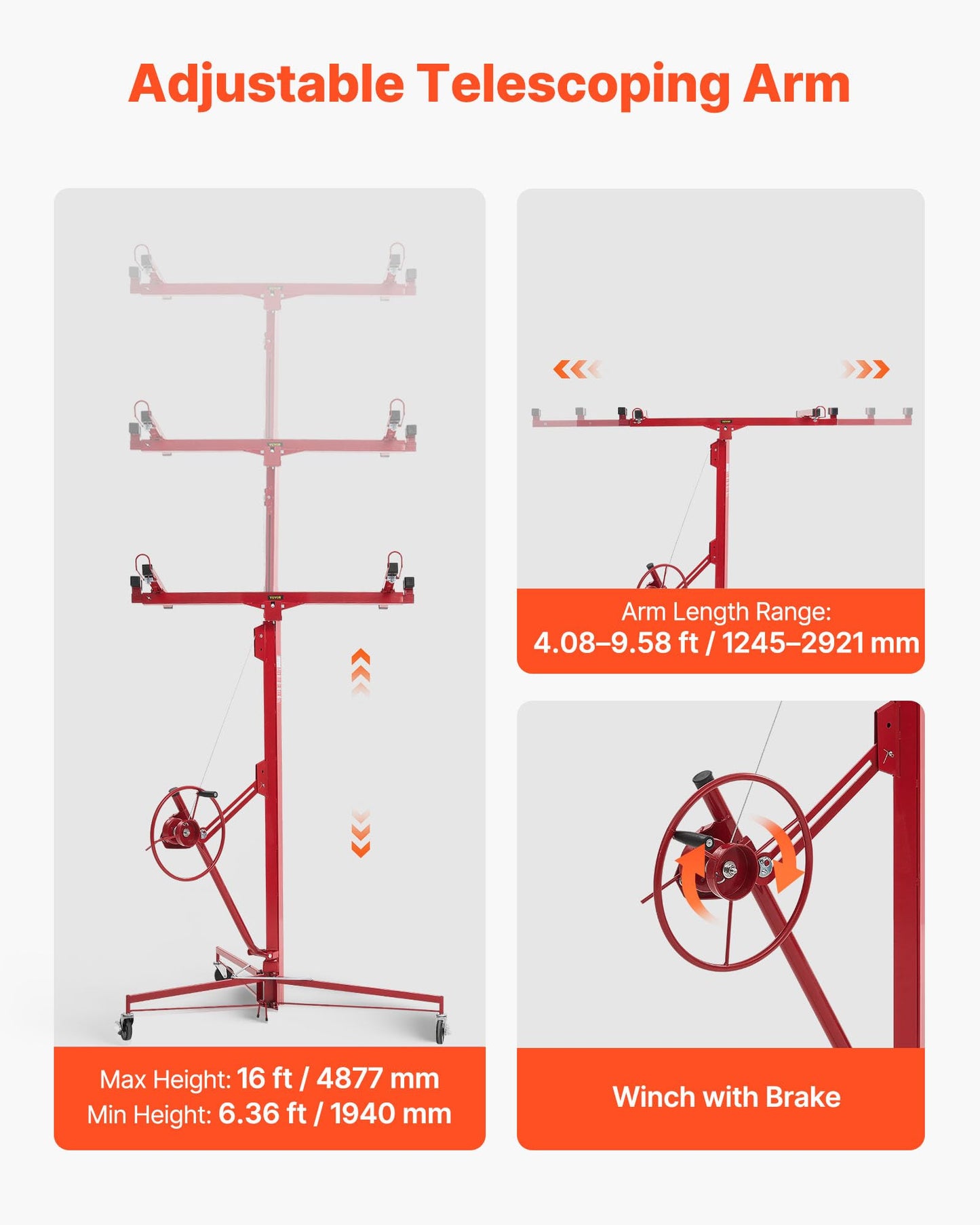VEVOR 16ft Drywall Lift, Heavy-Duty 150 lbs Sheetrock Hoist with Adjustable Telescoping Arm, Lockable Wheels, Drywall Lifter Panel Jack Hoist Tools Ideal for Ceiling & Wall Installation (Red)