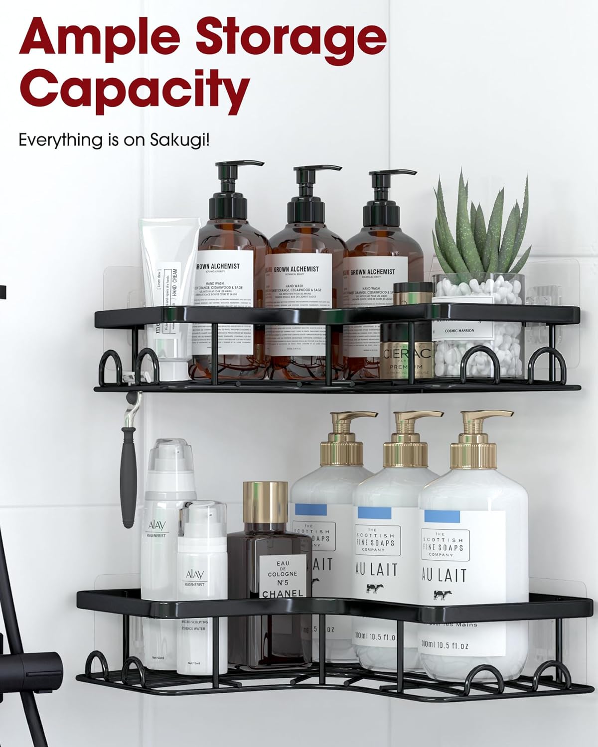 Sakugi Corner Shower Caddy - Rustproof Stainless Steel Organizers with 8 Hooks | No-Drill, Space-Saving, Black, 2 Pack