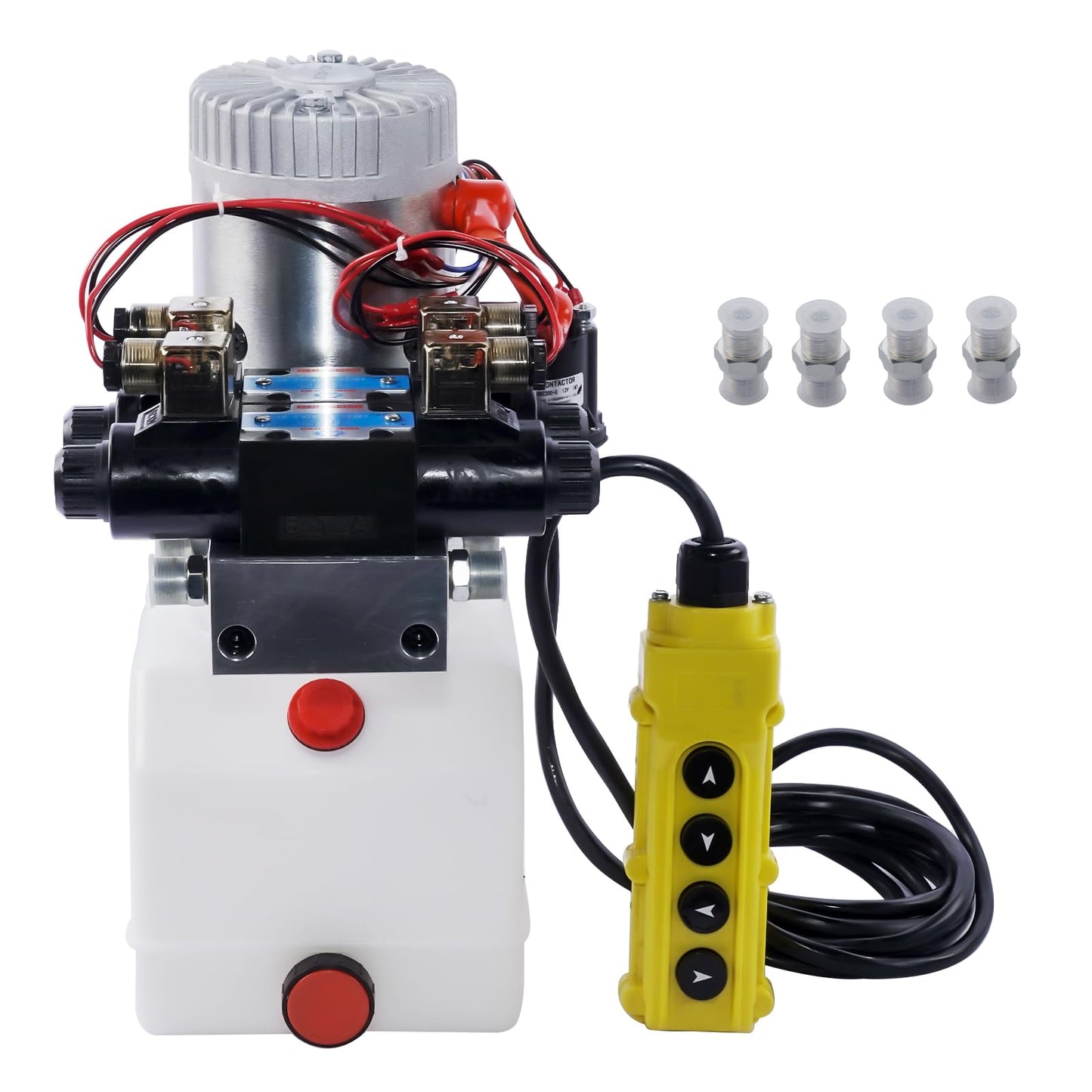 Hydraulic Pump, 4 Way Double Acting Hydraulic Power Unit, 12V DC Double Solenoid Electric Trailer Pump with 4.5 Quart Reservoir for Dump Trailer Car Lifting