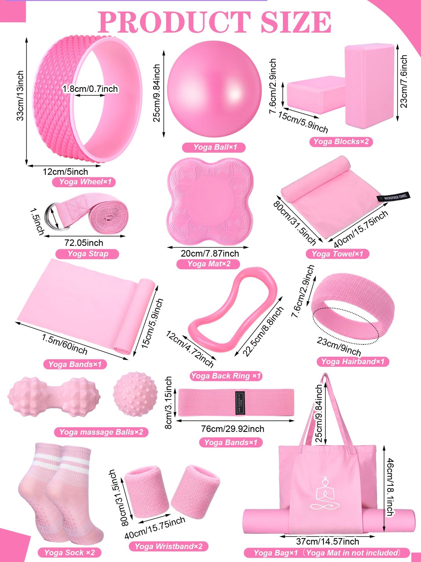 17 Pcs Yoga Essential Kit for Women, Pilates Equipment Starter Set for Beginners with Yoga Wheel Ball Blocks Strap Resistance Bands Wrist Rings Socks Towel & Carry Bag for Home Workouts(Pink)
