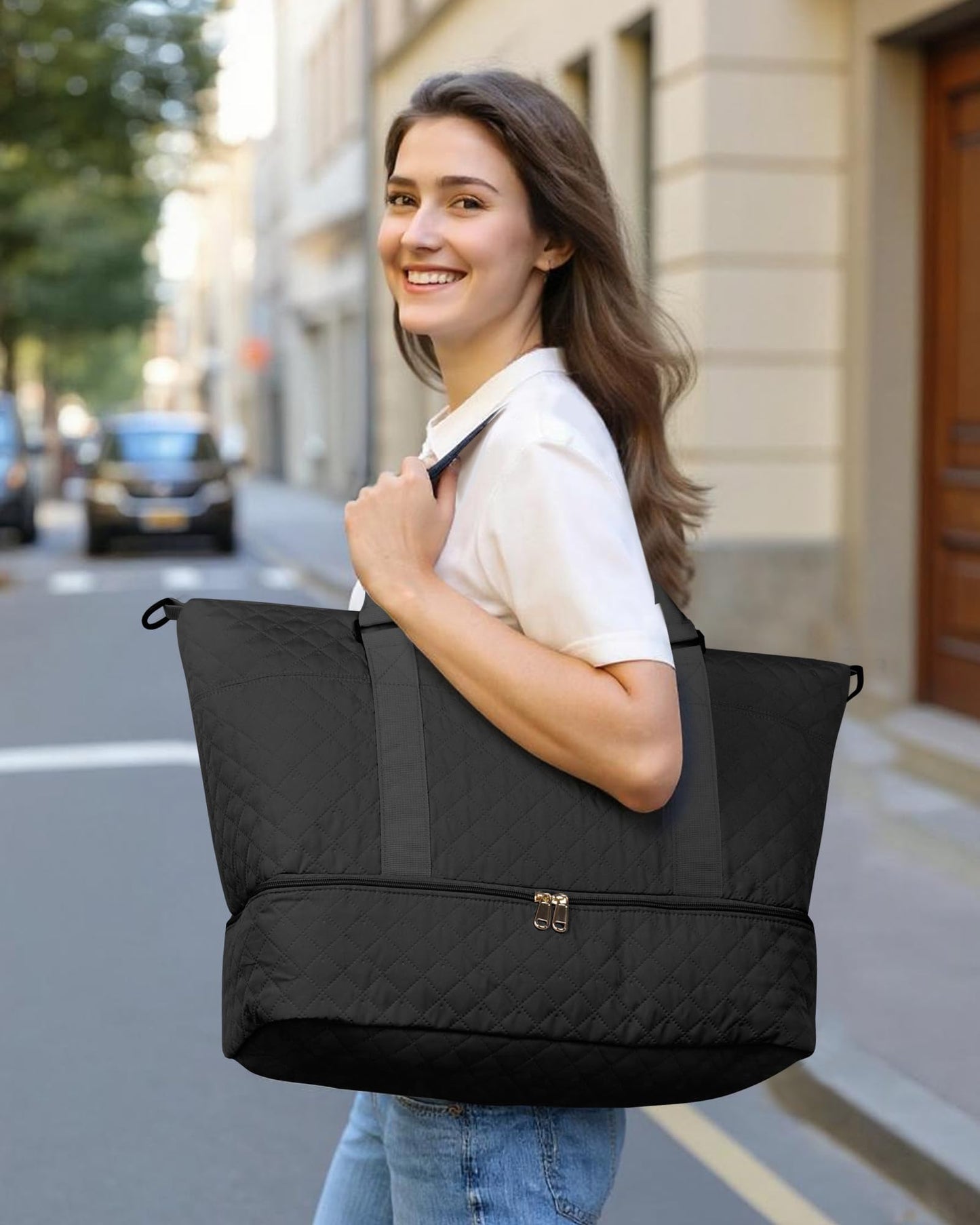 HOTOR Travel Duffel Bag - Weekender Bags for Women, Gym Tote Bags with Shoe Compartment, Carry On Overnight Bag with Toiletry Bag for Travel Essentials and Travel Accessories, Black, 13.4"×17.3"×7.9"
