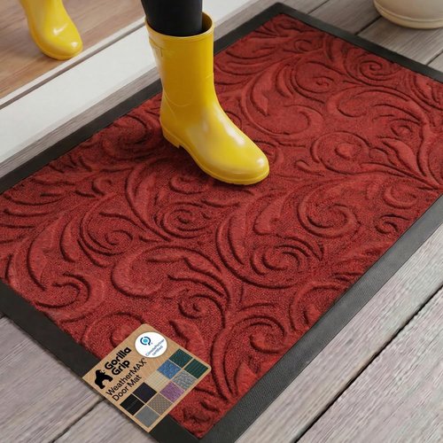 GORILLA GRIP 100% Waterproof Doormat - All-Season WeatherMAX, Stain & Fade Resistant, 35x23, Red Vintage Wine