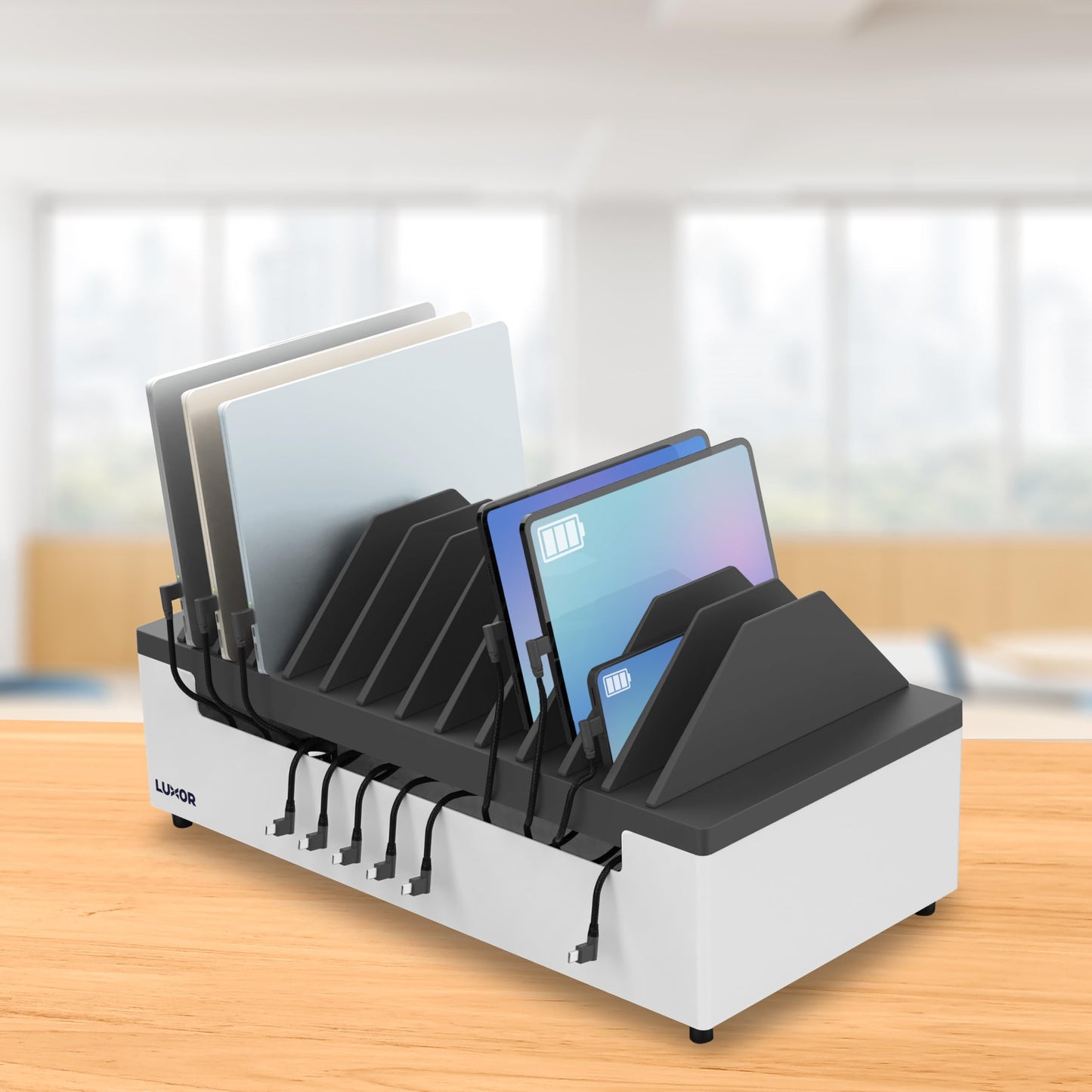 Line Leader 12-Device Open Charging Station | Compact Desktop Charger for Laptops, Tablets, & Chromebooks | Space-Saving Design with Adjustable Dividers & UL Safety-Certified Power Strip