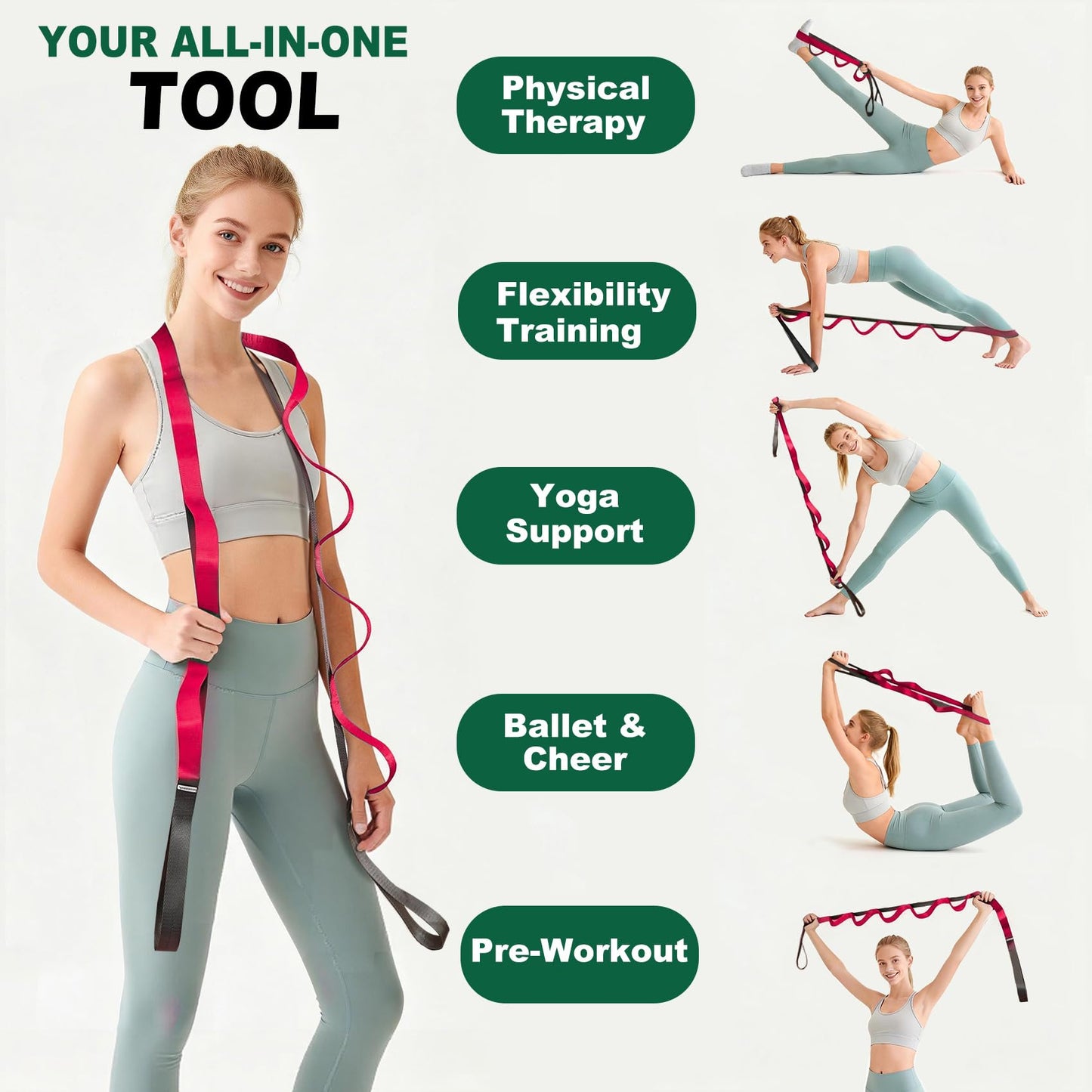 Acozycoo Stretching Strap with 10 Loops – Non-Elastic Yoga Strap for Physical Therapy, Knee Replacement Recovery & Plantar Fasciitis – Leg Stretcher Band for Flexibility & Hamstring Rehab（Red)