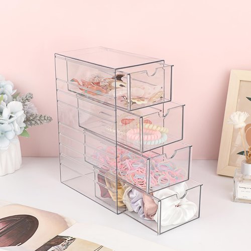 Hipiwe Plastic Drawer Organizer Clear Hair Accessories Organizer Box with 4 Pull Out Drawer Compact Storage Box for Cabinet Vanity Bathroom Pantry Office or Closet Organization