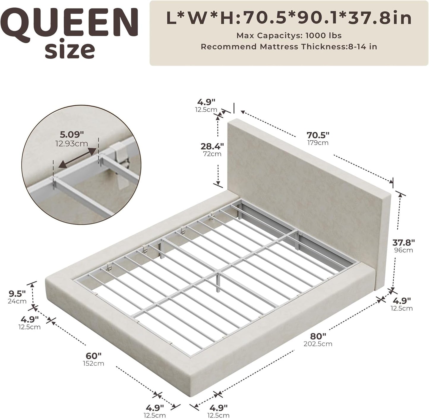 Recci AirFrame Queen Bed Frame - Cloud Upholstered Platform with Cushioned Headboard | Easy Assembly, Beige Chenille