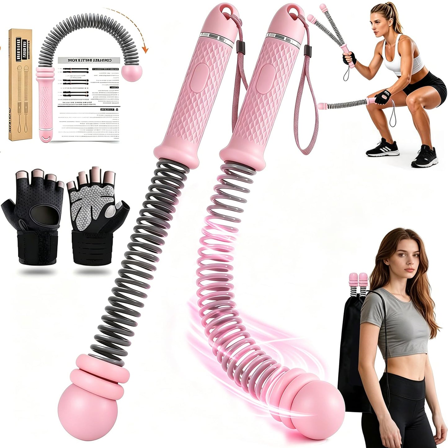 Ropeless Battle Ropes, 2 Pack Cordless Battle Ropes with Adjustable Weights, Non-Slip Comfort Handles, Portable Trainer for Home Gym, HIIT Cardio & Travel Workout