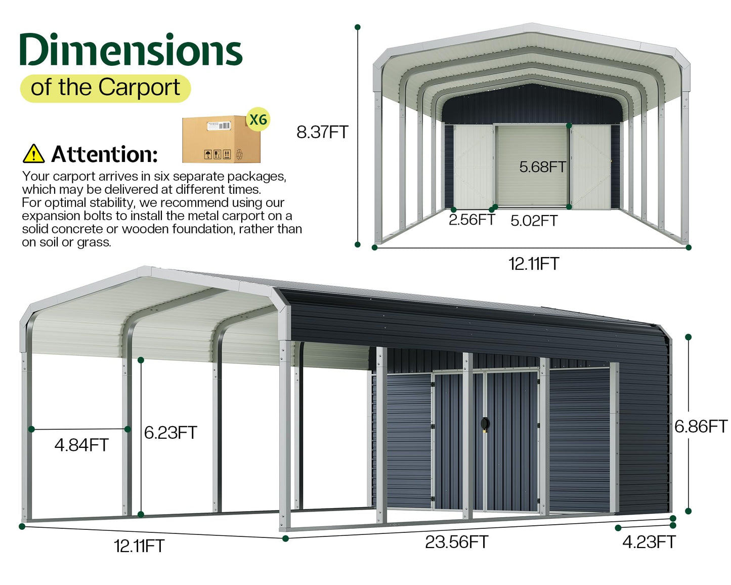 Jocisland 12x24 FT 2-in-1 Carport & Storage Shed, Heavy Duty Carport with Galvanized Steel Roof, 12x4.2 FT Metal Shed with 2 Transparent Panels & Double Doors, Car Canopy for Cars, Boats, Trucks