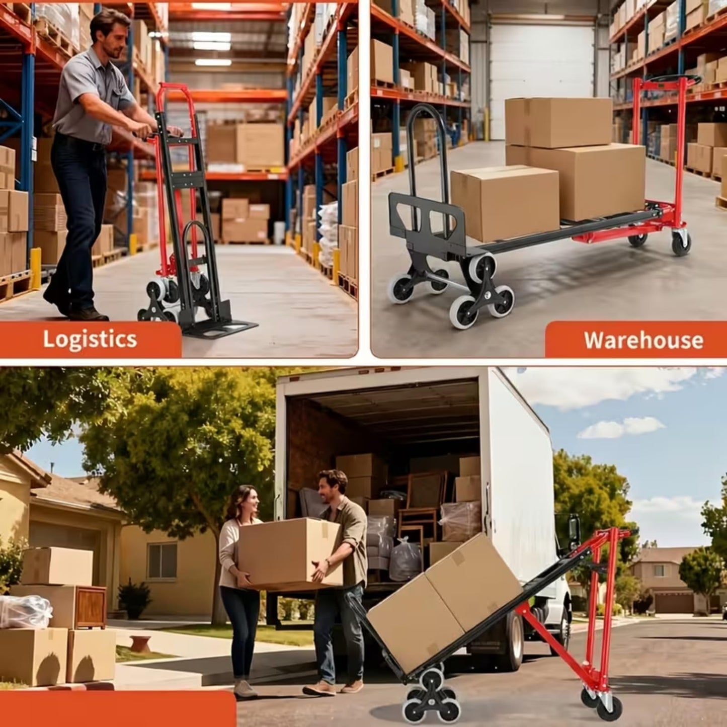 Heavy Duty Stair Climbing Hand Truck - 1000 LBS Capacity 4-in-1 Convertible Dolly Cart, Foldable Platform Utility Cart for Moving Boxes, Industrial Grade Steel Construction(red)