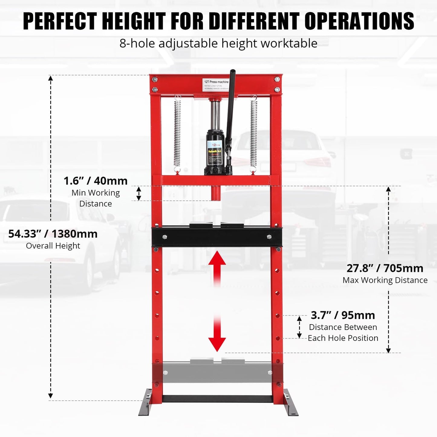 12-Ton H-Frame Hydraulic Press with Adjustable Table & 2 Press Plates, Heavy-Duty Shop Press for u-Joints, Metal Bending, and Garage Repairs