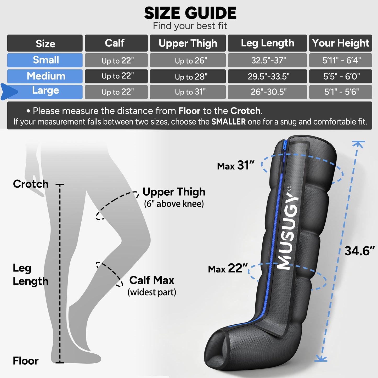 Musugy Sequential Leg Compression Massager for Circulation : Full Leg Air Compression Boots for Massage Therapy & Fatigue Relief - 9 Intensity, 6 Modes, 3 Timers for Athletes, Runners, Gym (Large)