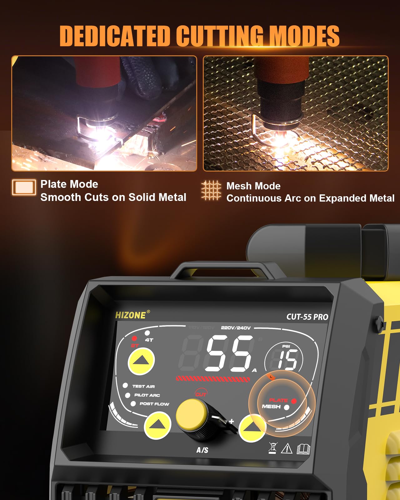 HIZONE 55A Plasma Cutter Machine, High Frequency Non-Touch Pilot Arc Plasma Cutting Equipment with LCD Display, 120/240V Cutting Machine, 2T/4T Function, Post Flow, 3/4" Max Cut, Ideal for Beginners