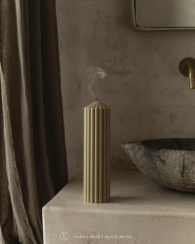 LAWA Ribbed Peak Pillar Candle - Large Beautiful Handmade Pillar Scented Soy Wax Candle Elegant Bubble Aesthetic Candle Housewarming Gift Home Room Shelf Decor Idea Olive Beige (Large)