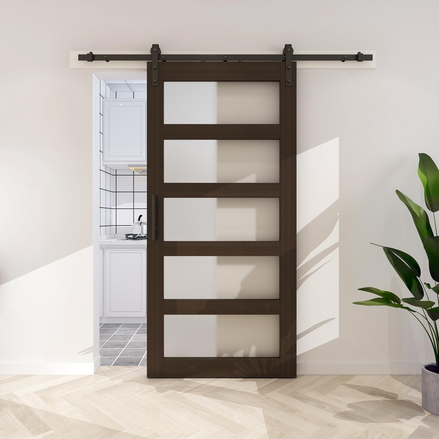 BARNSMITH 36in x 84in Glass Barn Door with 6.6FT Sliding Door Hardware Kit Included & Handle,5-Panel Frosted Glass Solid Wood Slab with Water-Proof PVC Surface,Pre-Drilled Easy Assembly,Brown